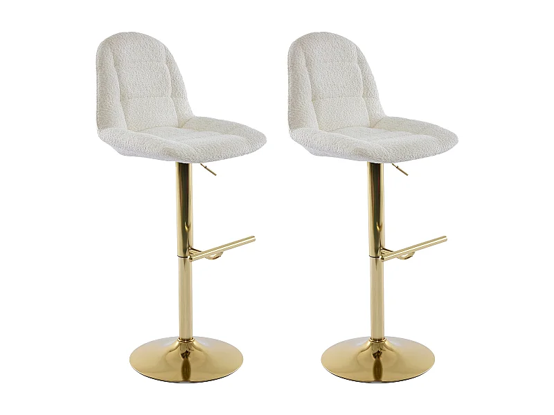 Lot de 2 tabourets de bar en tissu bouclette et métal doré - Hauteur réglable - Blanc - LOLY
