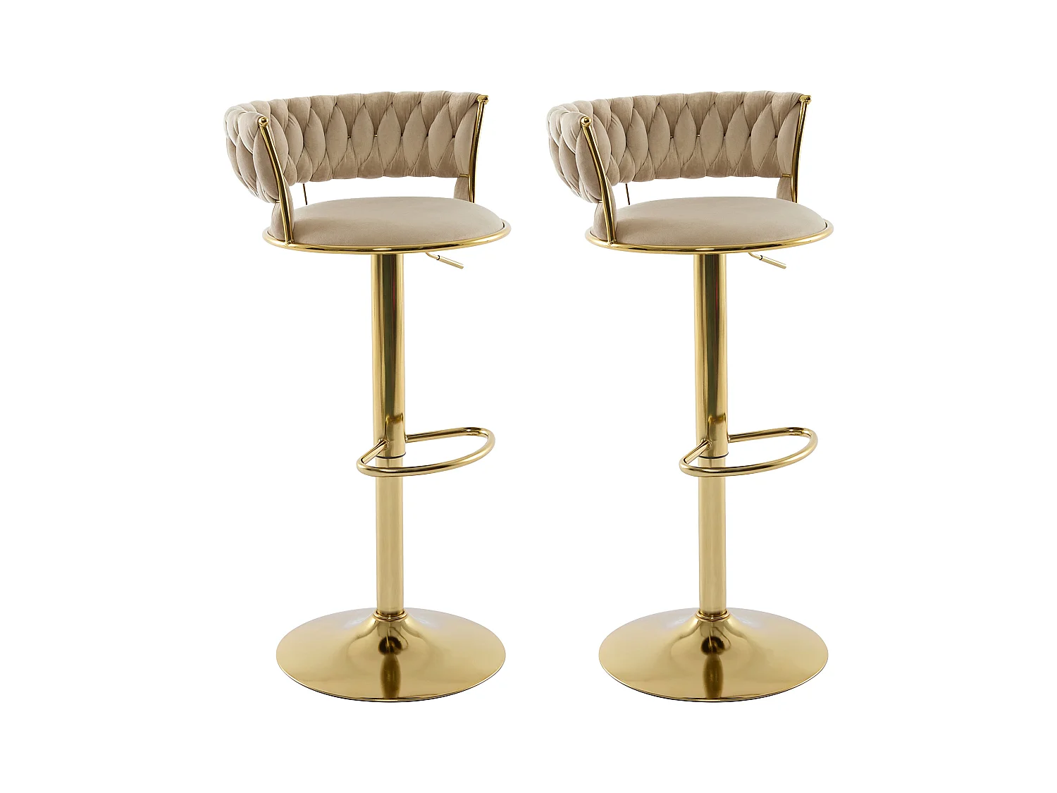 Set de 2 taburetes de bar de terciopelo y metal dorado - Altura ajustable - Beige - LOMYA