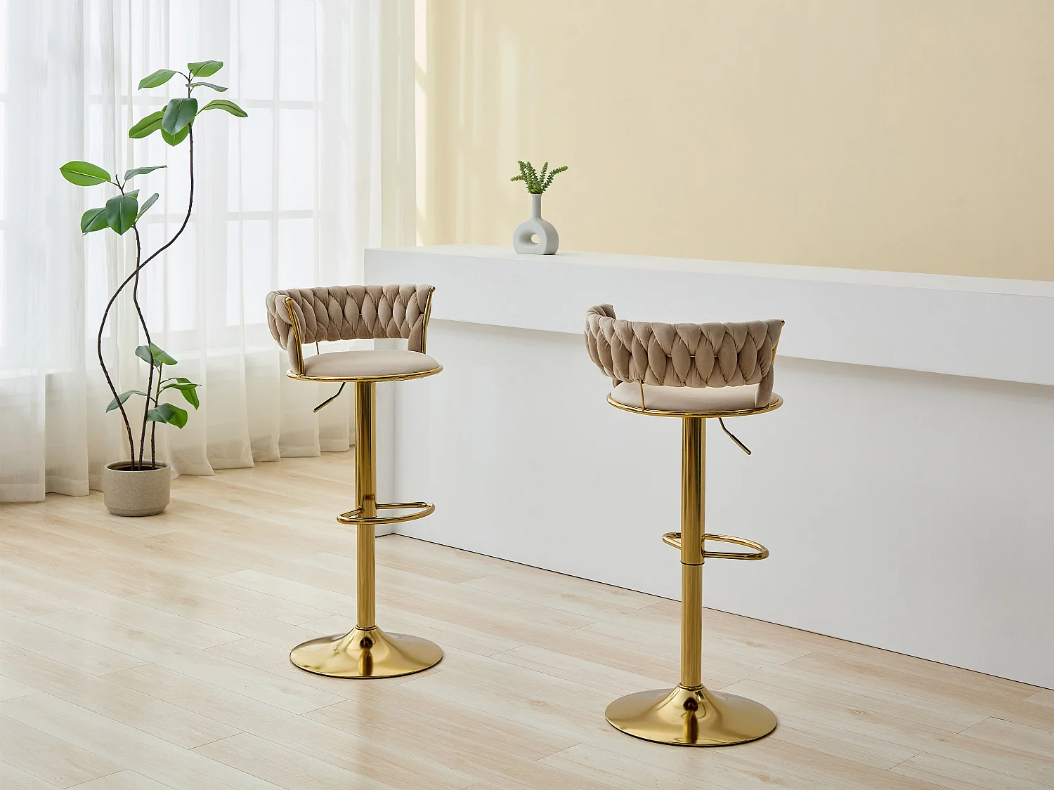 Set de 2 taburetes de bar de terciopelo y metal dorado - Altura ajustable - Beige - LOMYA