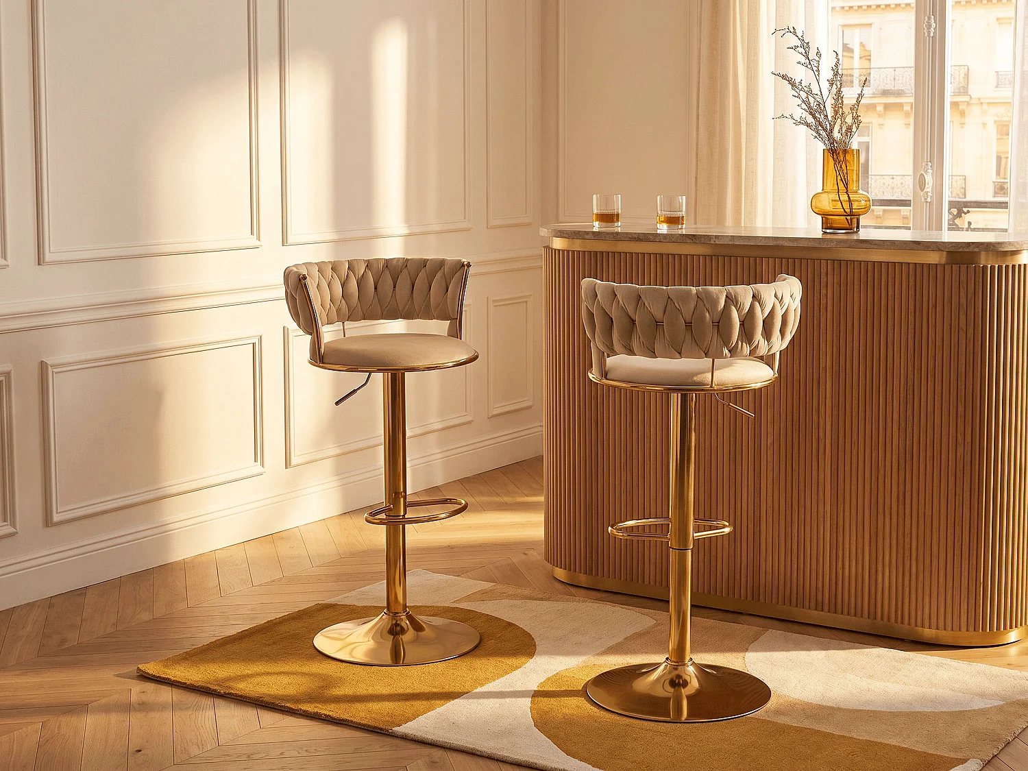 Lot de 2 tabourets de bar en velours et métal doré - Hauteur réglable - Beige - LOMYA