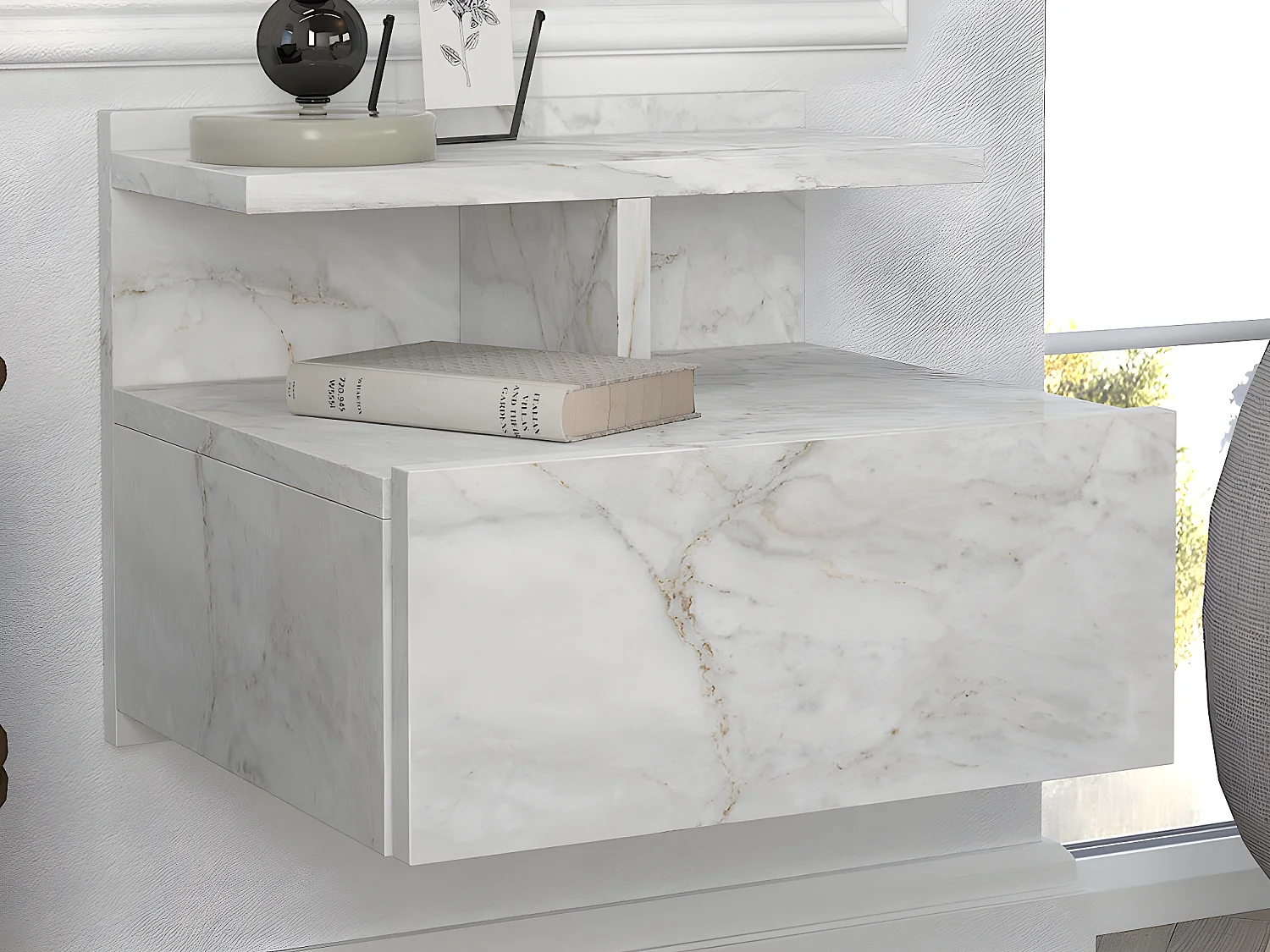Lot de 2 tables de chevet suspendues - 1 tiroir - Effet marbre blanc - AZELNO