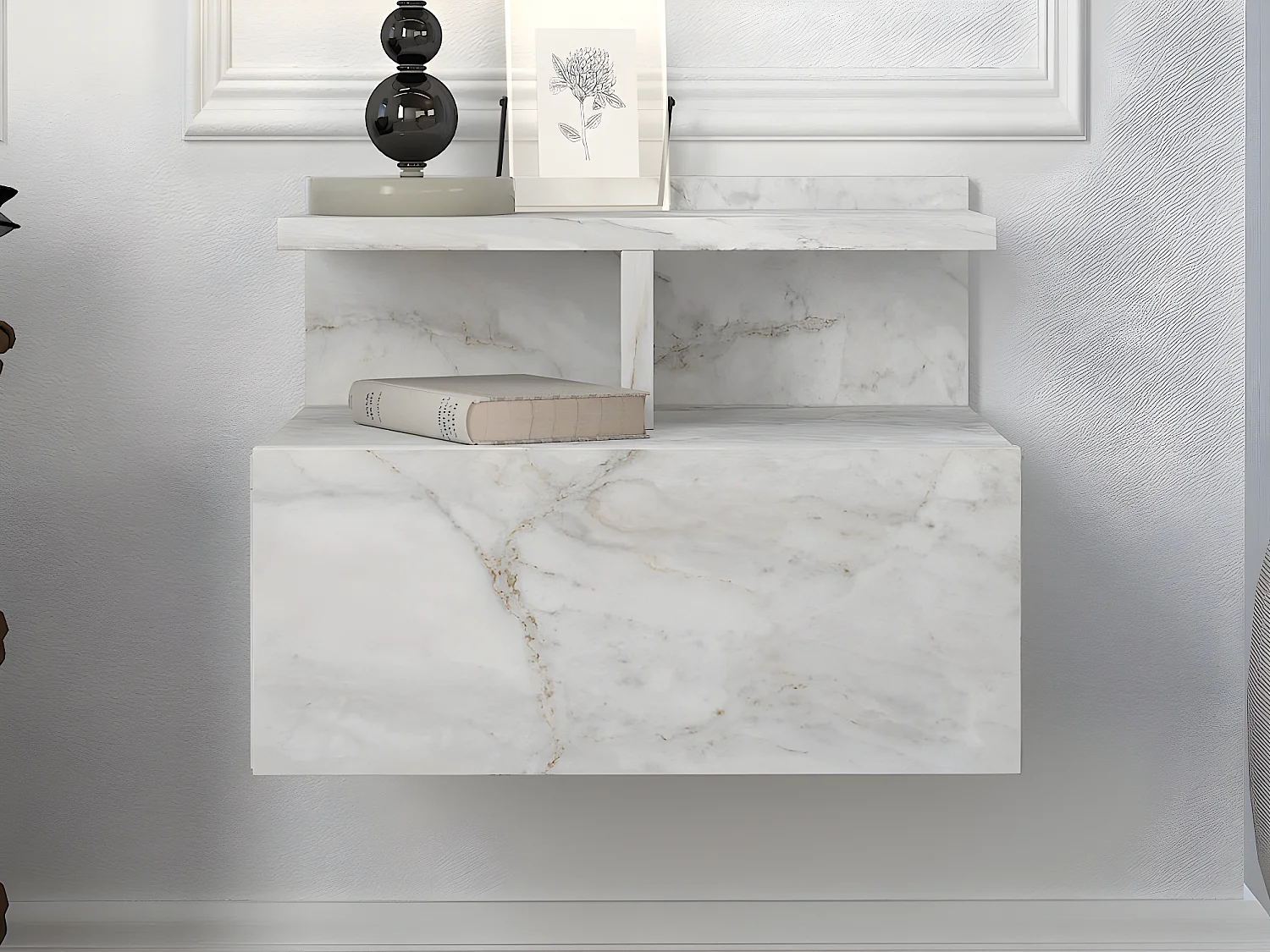 Lot de 2 tables de chevet suspendues - 1 tiroir - Effet marbre blanc - AZELNO