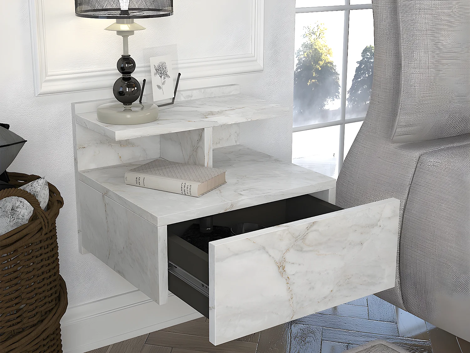 Lot de 2 tables de chevet suspendues - 1 tiroir - Effet marbre blanc - AZELNO