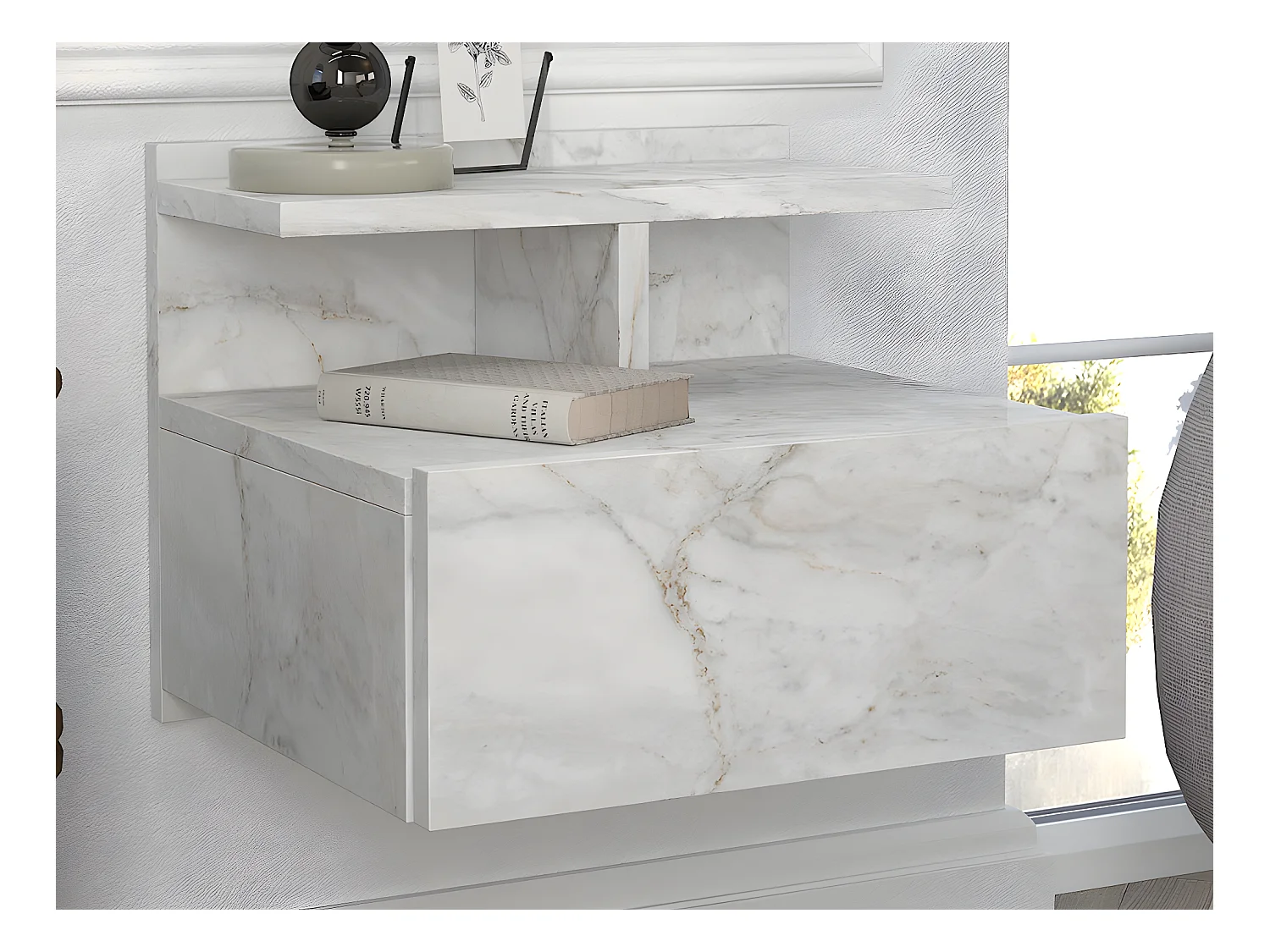 Lot de 2 tables de chevet suspendues - 1 tiroir - Effet marbre blanc - AZELNO