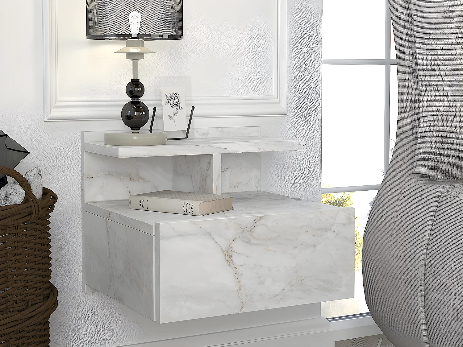 Lot de 2 tables de chevet suspendues - 1 tiroir - Effet marbre blanc - AZELNO