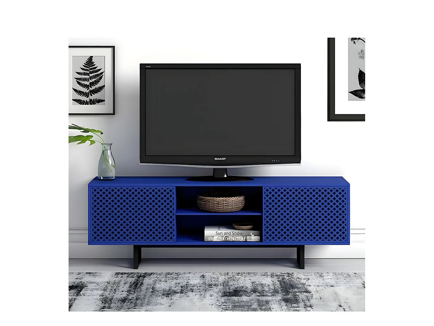 Meuble TV 2 Portes 2 Niches Diamant "Camden" 150cm Bleu