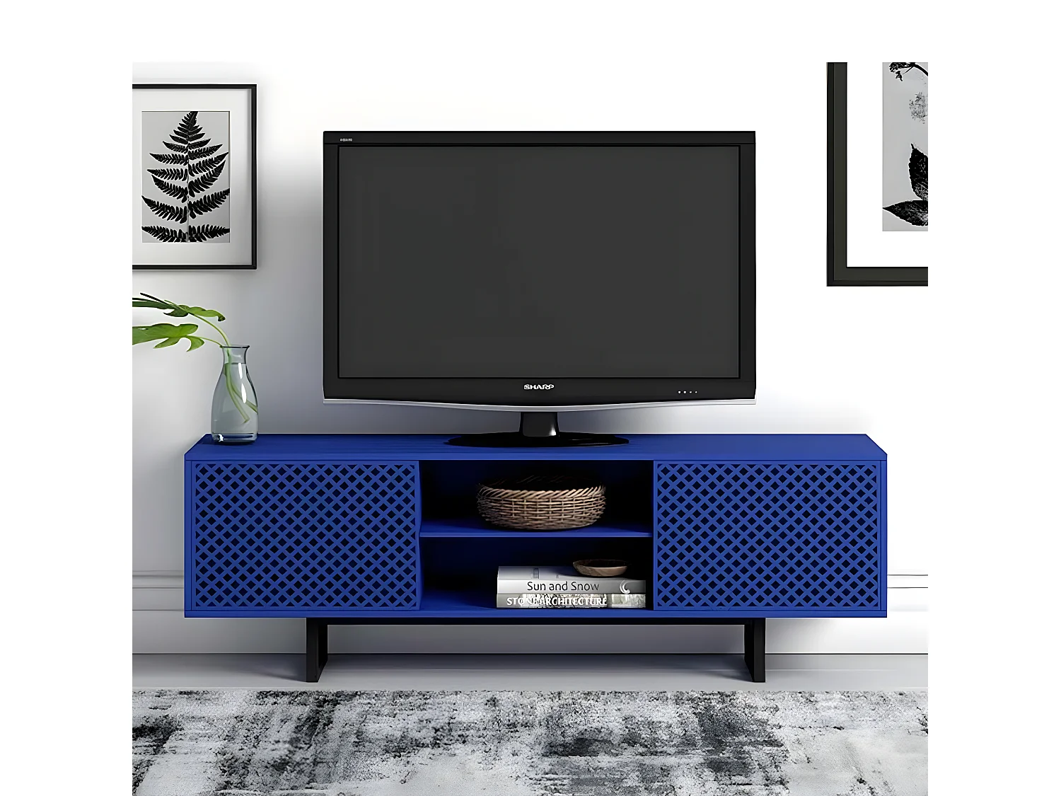 Meuble TV 2 Portes 2 Niches Diamant "Camden" 150cm Bleu
