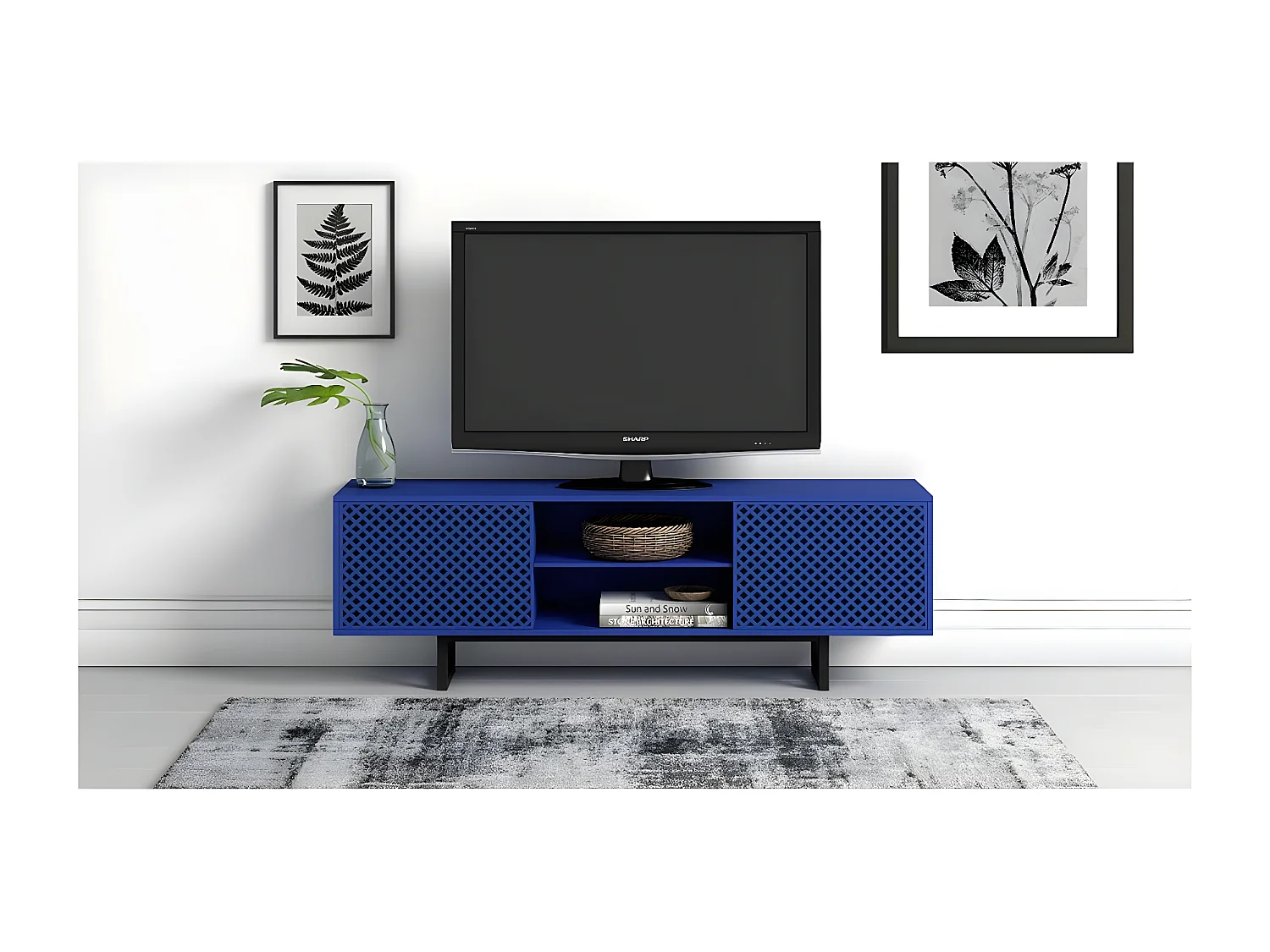 Meuble TV 2 Portes 2 Niches Diamant "Camden" 150cm Bleu