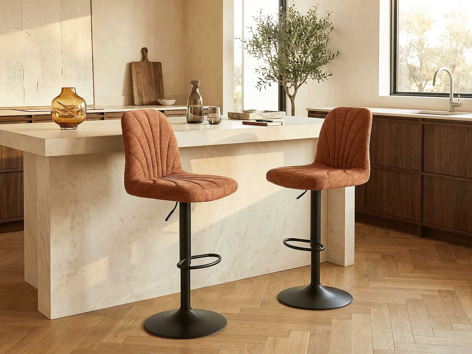 Lot de 2 tabourets de bar en tissu texturé et métal noir - Hauteur réglable - Terracotta - LASANDRIA