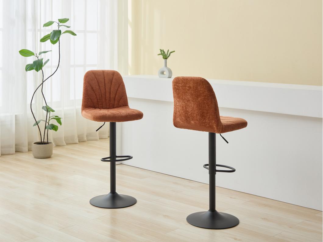 Lot de 2 tabourets de bar en tissu texturé et métal noir - Hauteur réglable - Terracotta - LASANDRIA