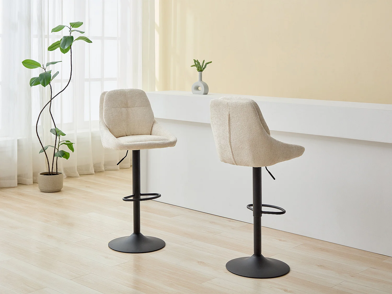 Lot de 2 tabourets de bar en tissu texturé et métal noir - Hauteur réglable - Crème - LARANZA