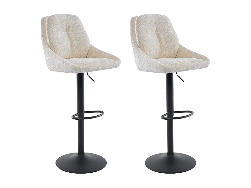 Lot de 2 tabourets de bar en tissu texturé et métal noir - Hauteur réglable - Crème - LARANZA