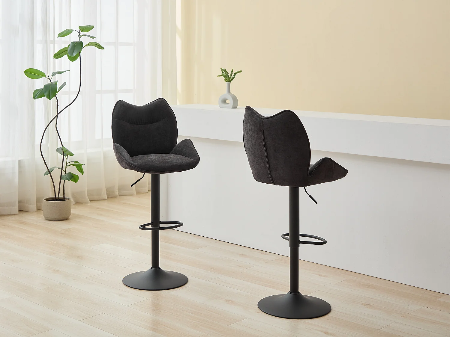 Lot de 2 tabourets de bar en tissu et métal noir - Hauteur réglable - Noir - LILAYA