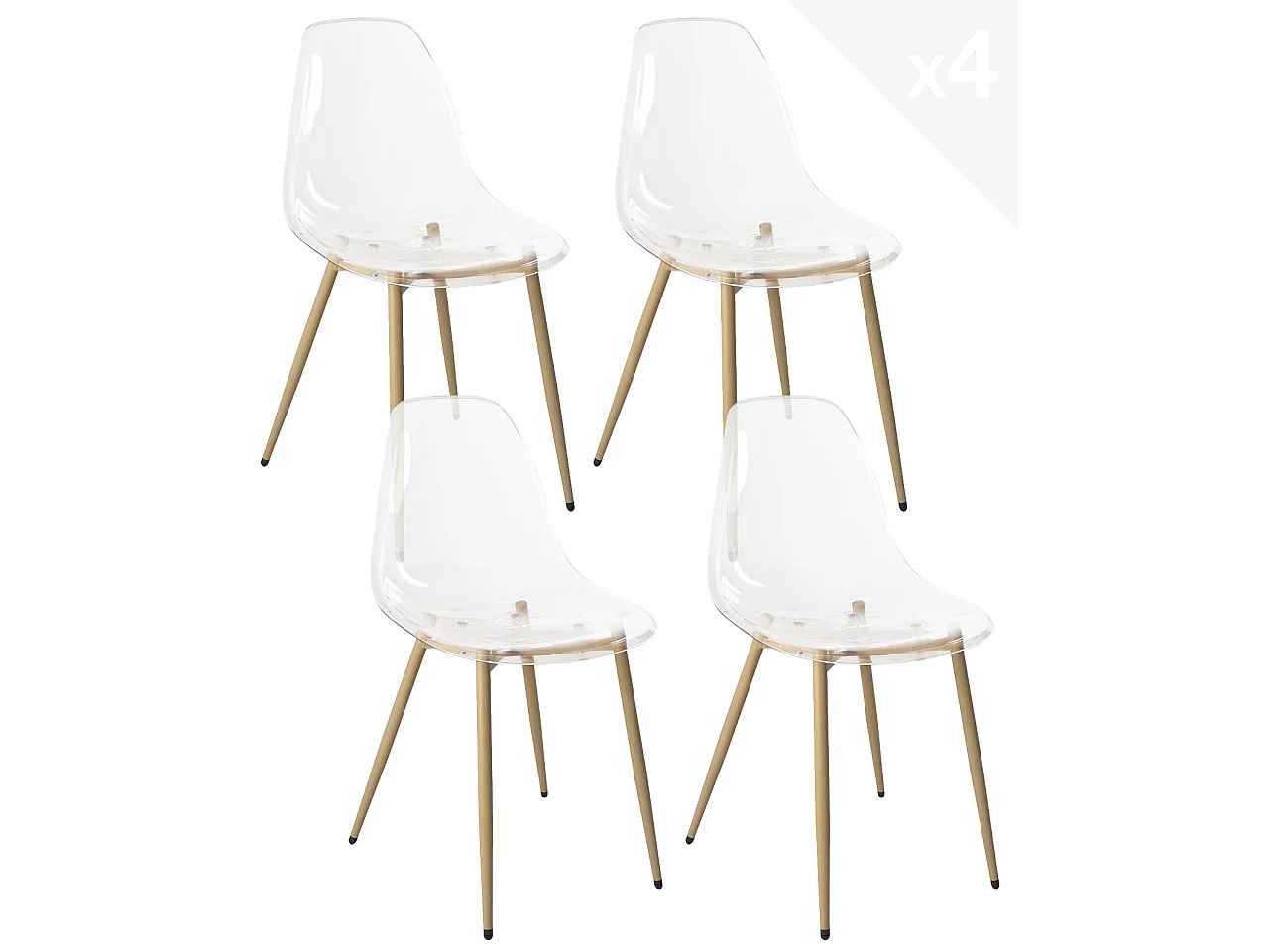Lote de 4 sillas transparentes de diseño para cocina, comedor, dormitorio. Asiento de plástico translúcido, patas de metal tono madera clara NOVA