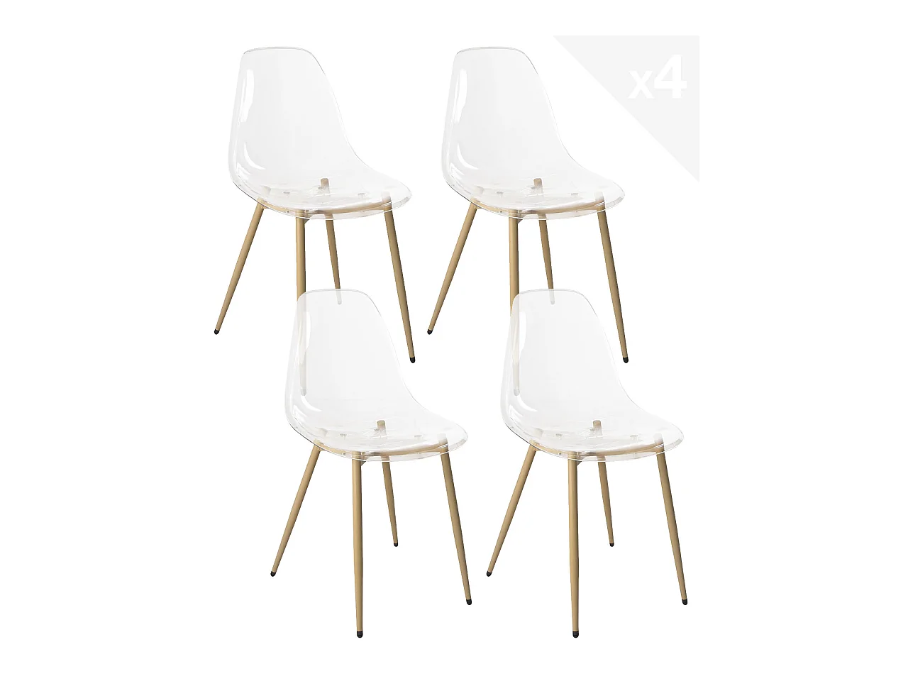 Lot 4 chaises transparentes design cuisine pieds métal façon bois clair NOVA