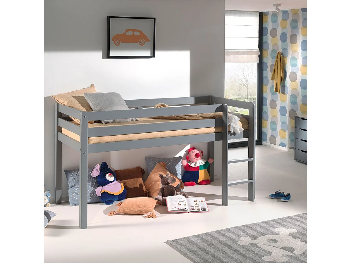 SLEEPY - Lit Mi-Haut en Pin Laqué Gris 90x200cm avec Échelle Droite