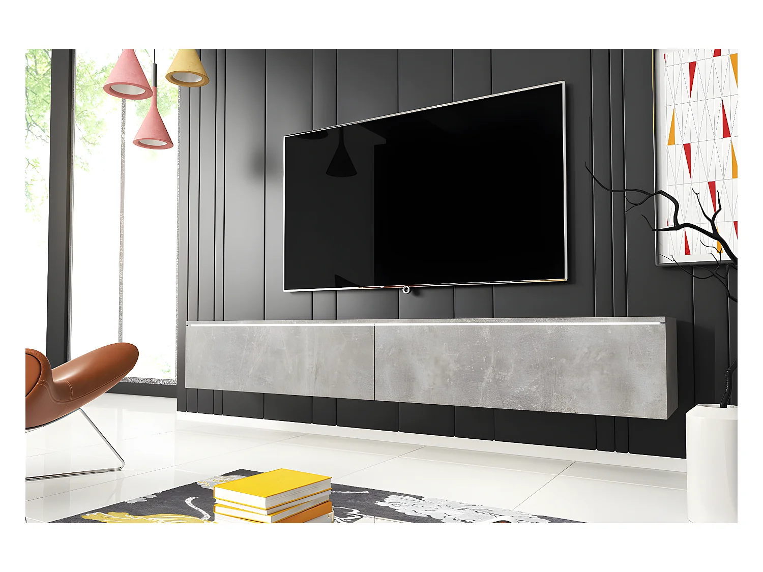 Meuble TV - 180 cm - béton - avec LED - KANE