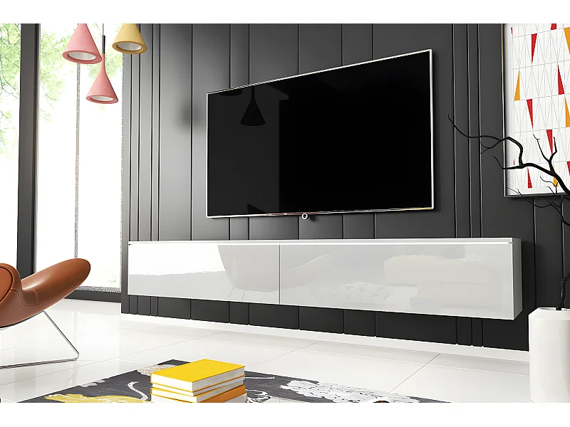 Meuble TV - 180 cm - blanc mat / blanc brillant - avec LED - KANE