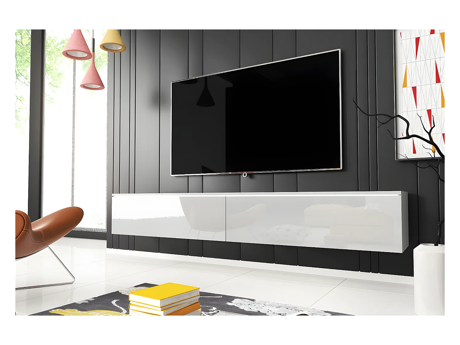Meuble TV - 180 cm - blanc mat / blanc brillant - avec LED - KANE