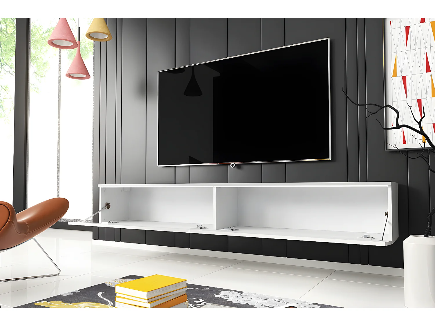 Meuble TV - 180 cm - blanc mat / blanc brillant - avec LED - KANE