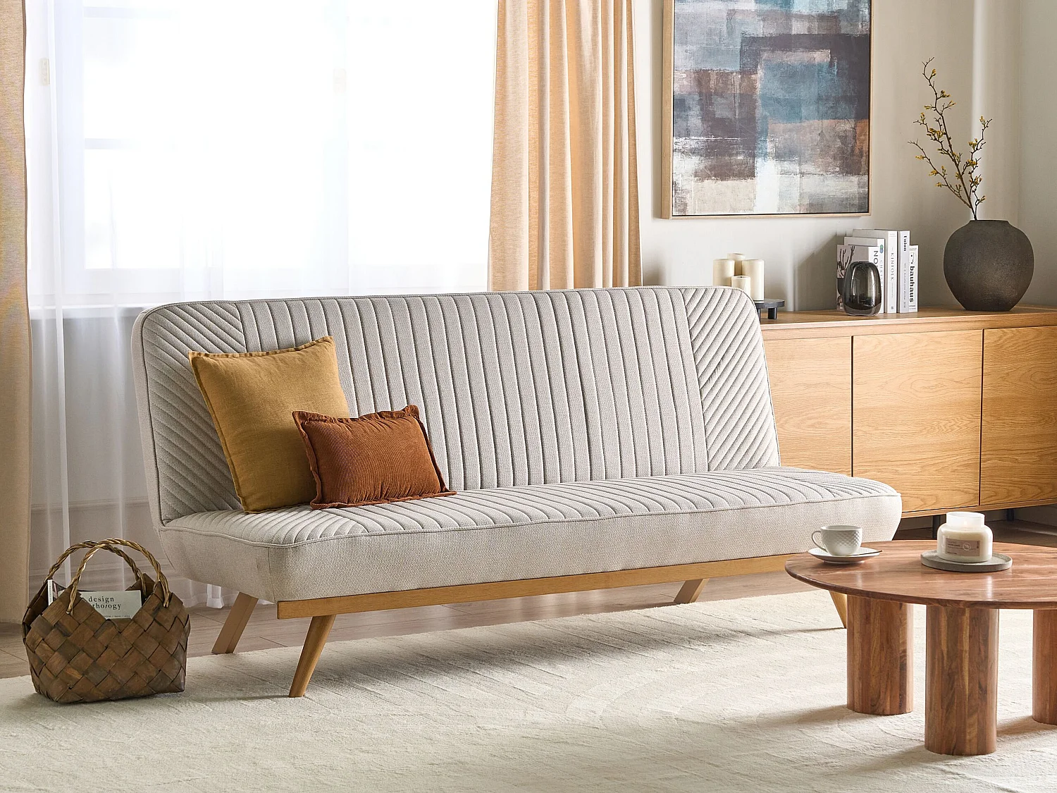 Sofá-cama KALFAFELL Tecido Creme 2 lugares