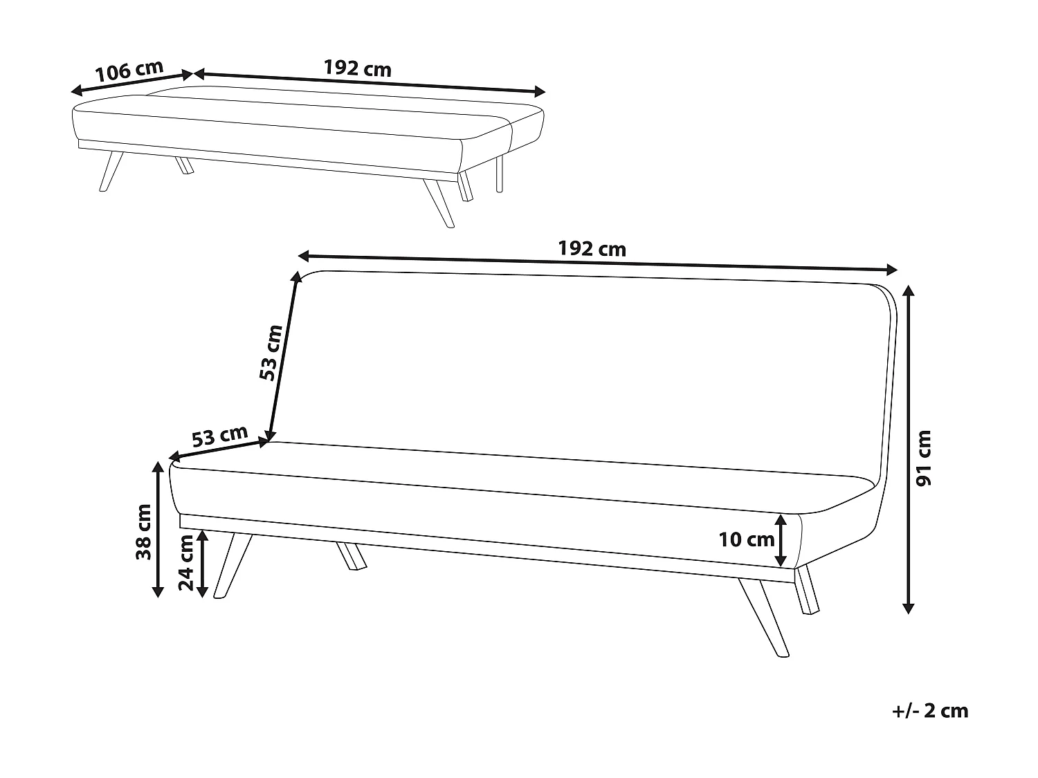 2-Sitzer Schlafsofa Stoffbezug beige gesteppt hohe Metallbeine Skandi Kalfafell