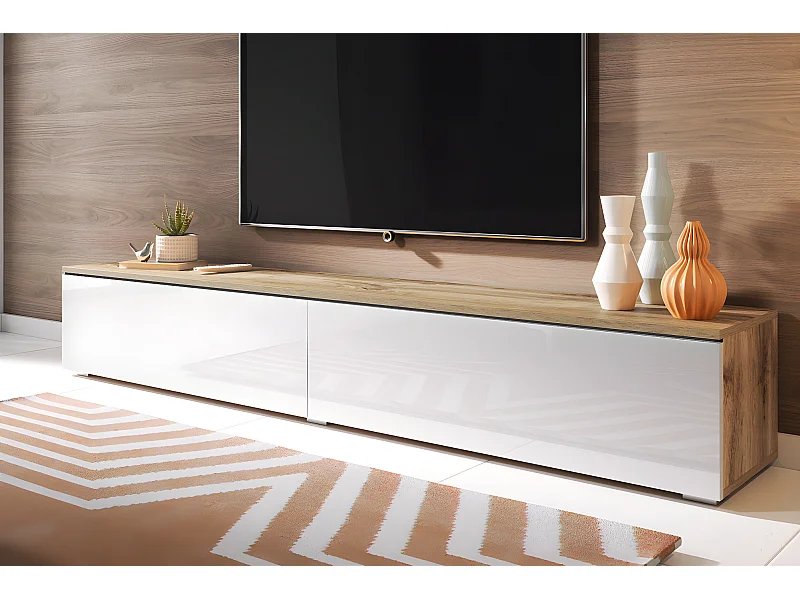 Meuble TV - 180 cm - chêne wotan / blanc brillant - avec LED - KANE