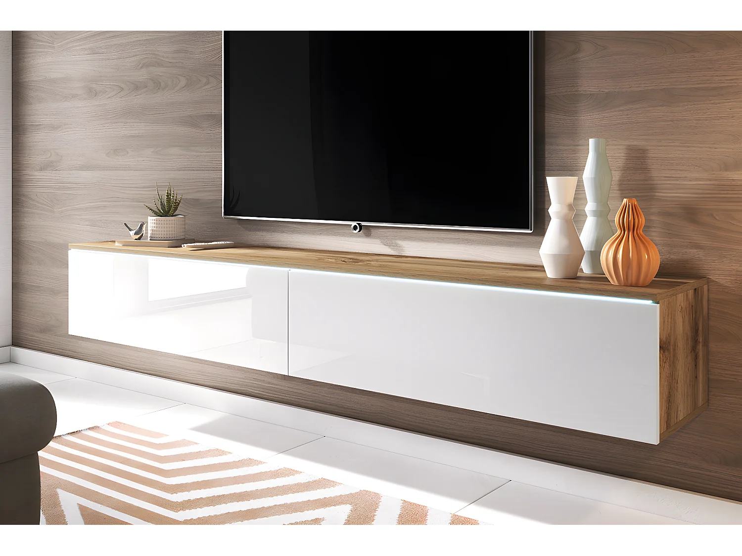 TV-meubel - 180 cm - wotan eiken / glanzend wit - met LED - KANE