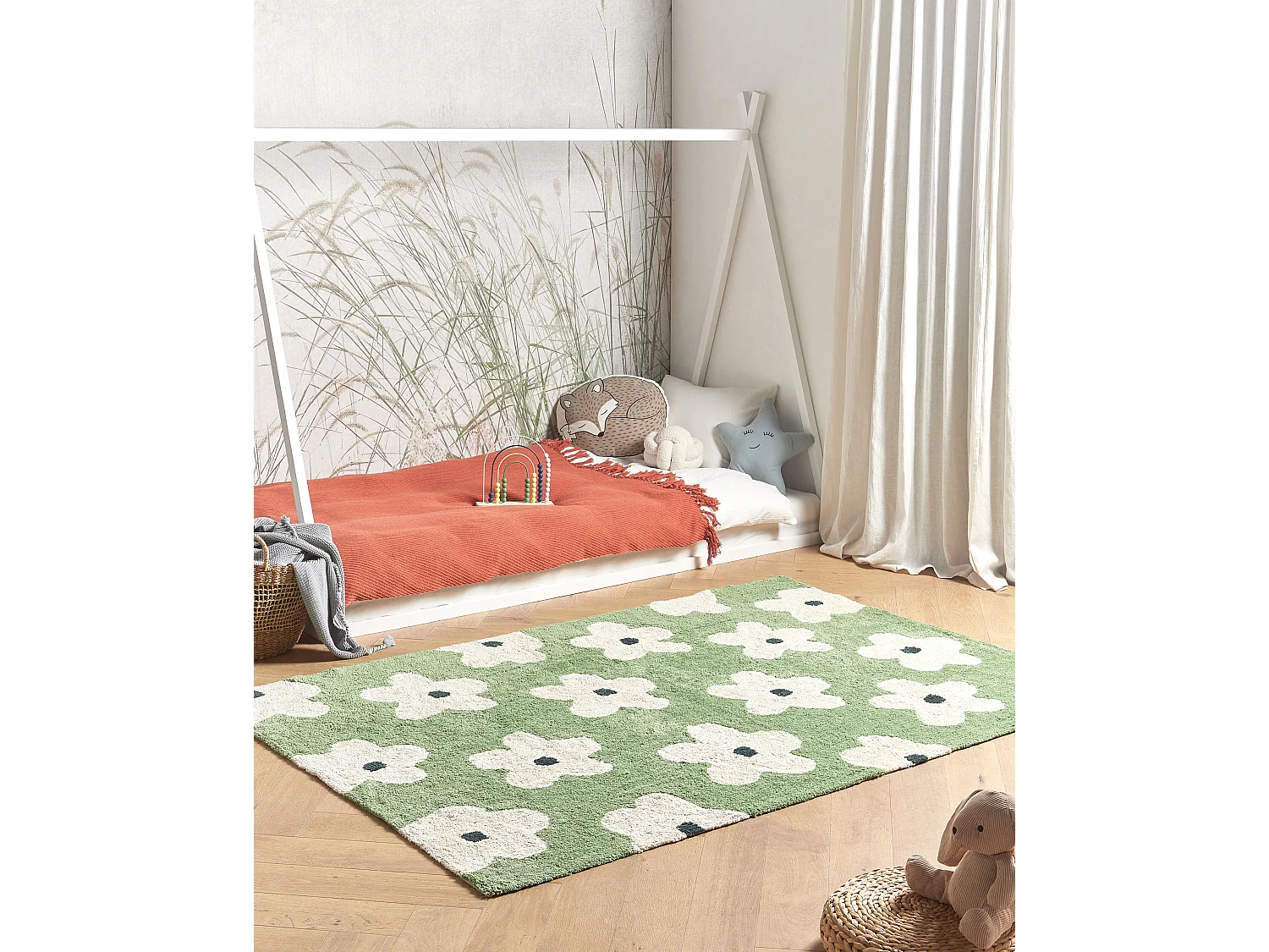 Kinderteppich aus Baumwolle mit Blumenmuster 140 x 200 cm Grün MOKHVA