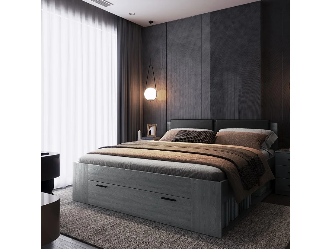 Lit adulte 180x200 avec tiroirs intégrés - Collection FLOYD, Coloris gris effet bois