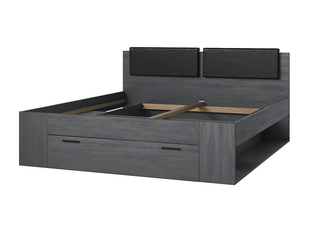 Lit adulte 180x200 avec tiroirs intégrés - Collection FLOYD, Coloris gris effet bois