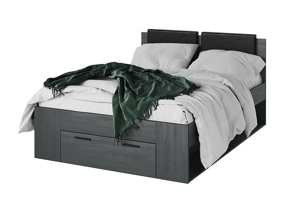 Lit adulte 140x200 avec sommier et tiroirs intégrés - Collection FLOYD. Coloris gris effet bois.
