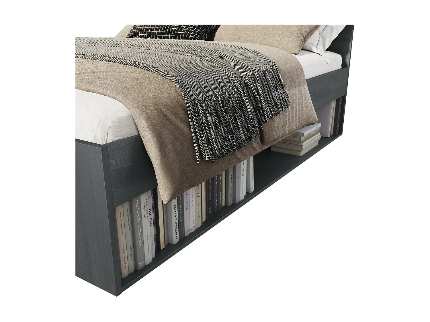 Lit adulte 140x200 avec sommier et tiroirs intégrés - Collection FLOYD. Coloris gris effet bois.