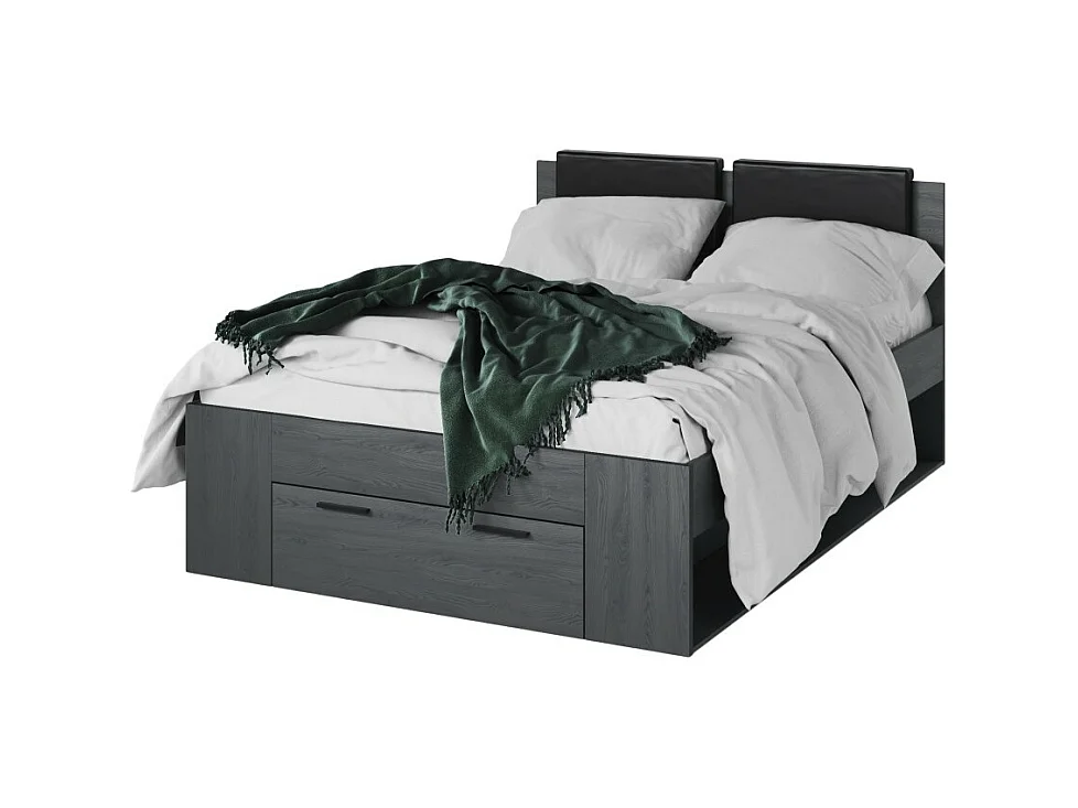 Lit adulte 140x200 avec sommier et tiroirs intégrés - Collection FLOYD. Coloris gris effet bois.
