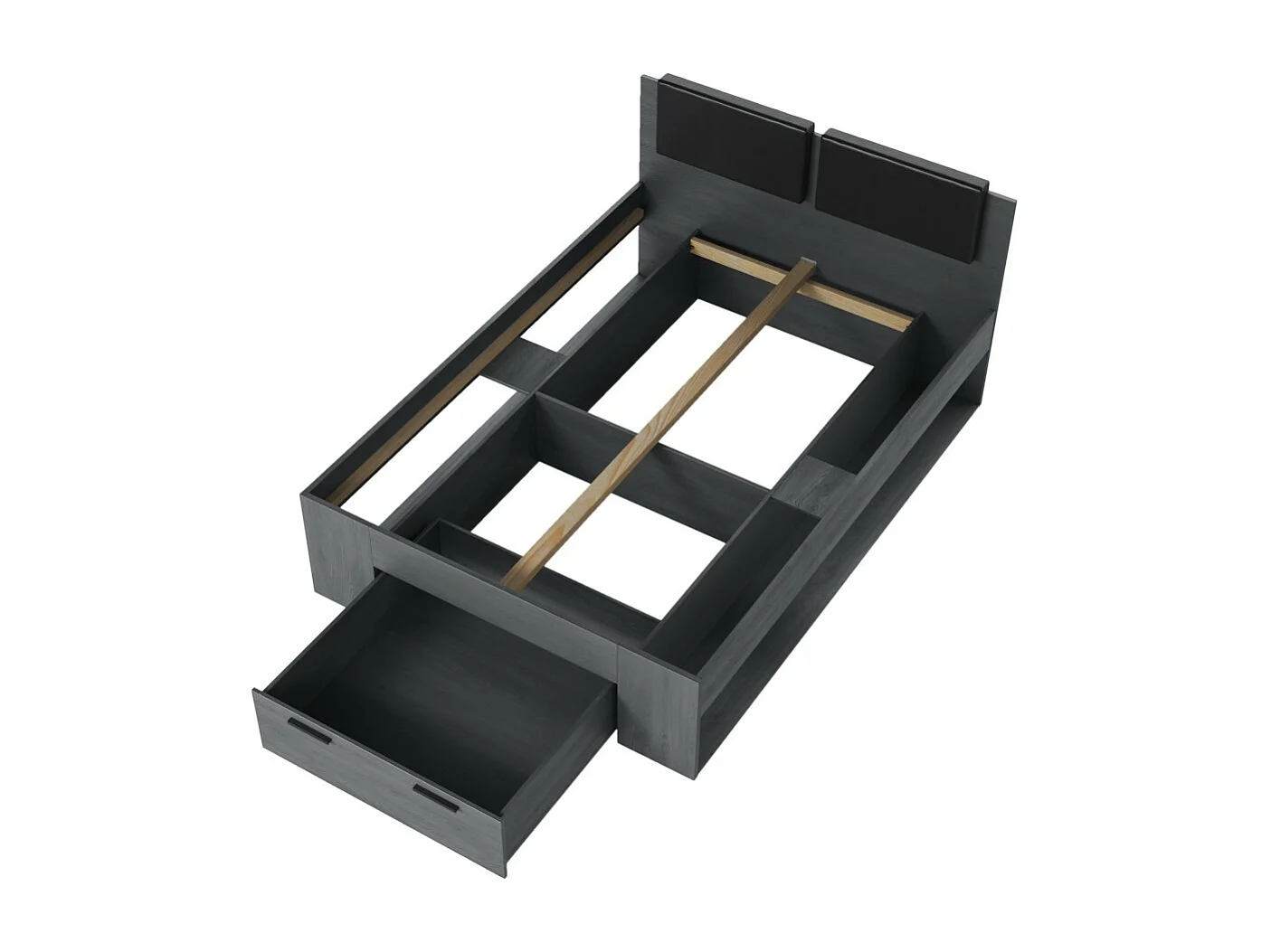 Letto adulto 140x200 con doghe e cassetti integrati - Collezione FLOYD. Colore grigio effetto legno.