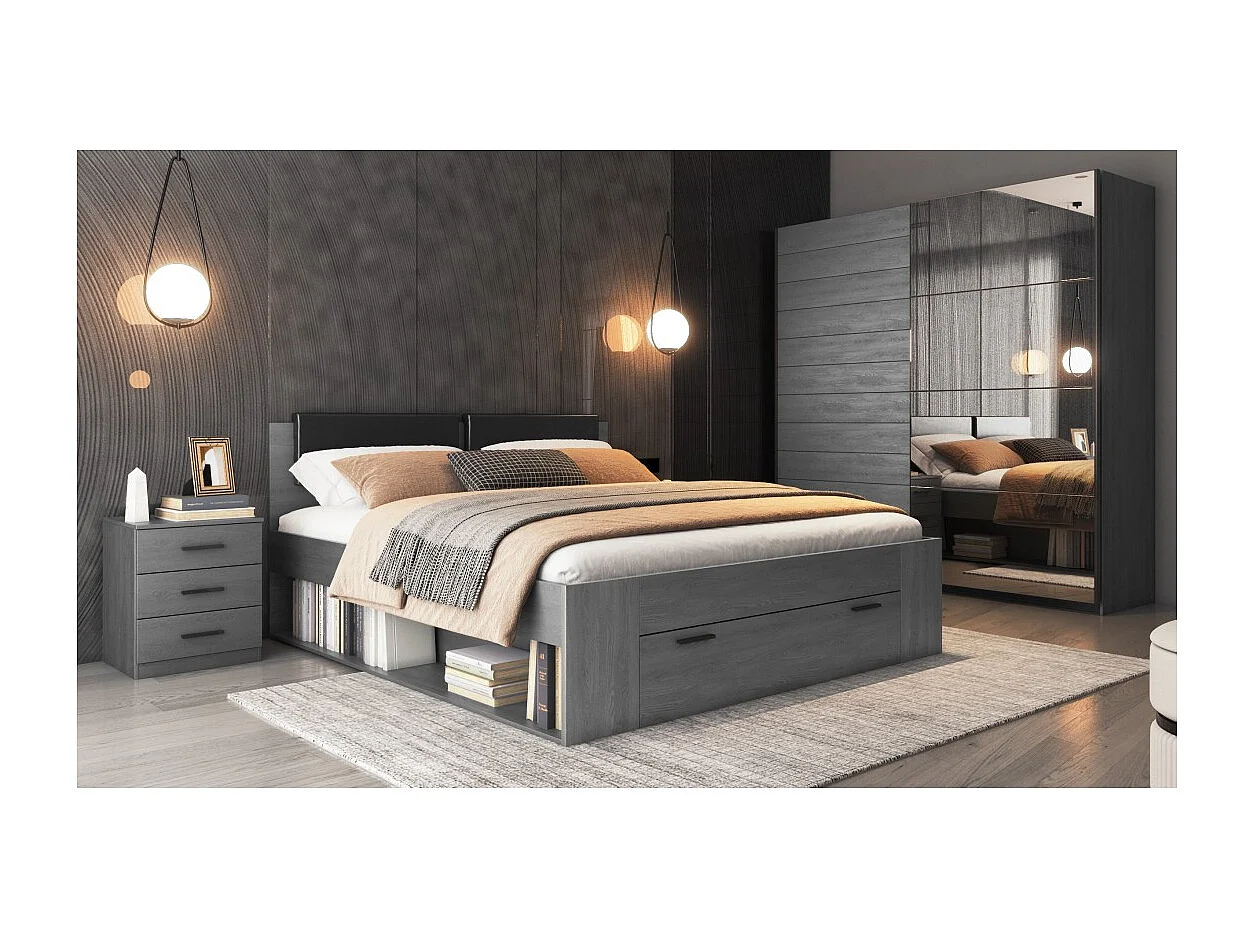Lit adulte 180x200 avec sommier et tiroirs intégrés - Collection FLOYD. Coloris gris effet bois.