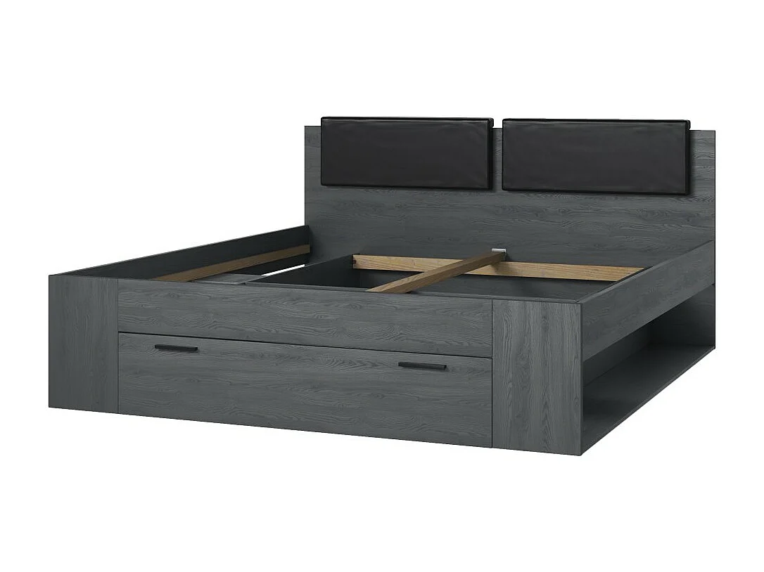 Lit adulte 180x200 avec sommier et tiroirs intégrés - Collection FLOYD. Coloris gris effet bois.