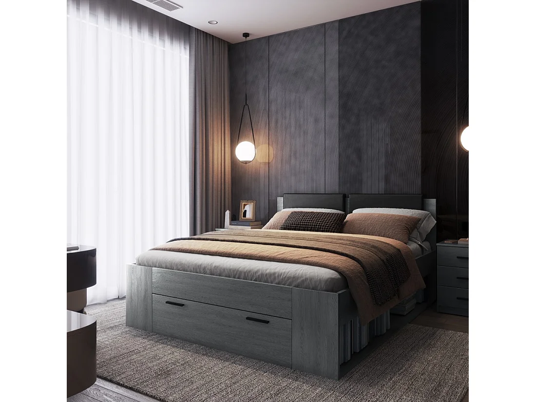 Lit adulte 160x200 avec sommier et tiroirs intégrés - Collection FLOYD. Coloris gris effet bois.