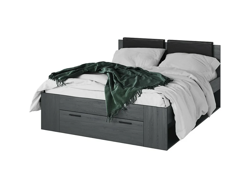 Lit adulte 160x200 avec sommier et tiroirs intégrés - Collection FLOYD. Coloris gris effet bois.