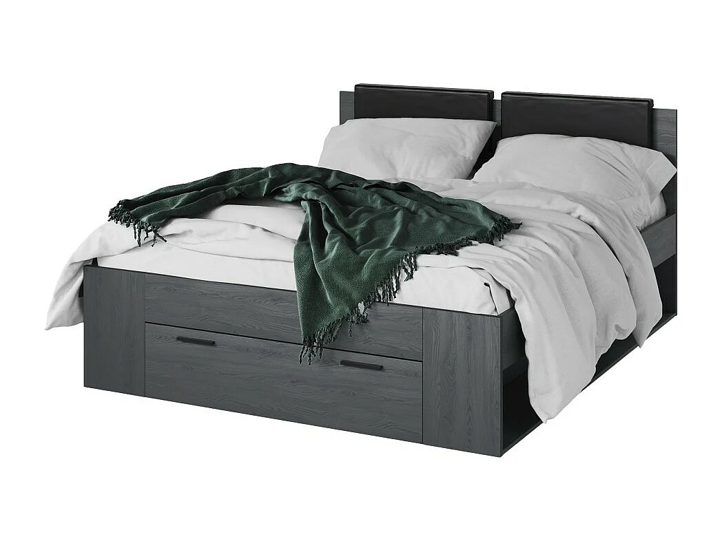 Volwassen bed 160x200 met lattenbodem en geïntegreerde lades - Collectie FLOYD. Kleur grijs met houteffect.