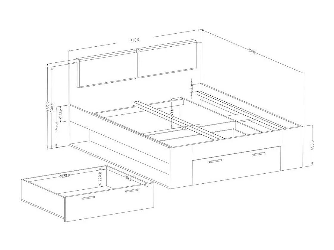 Volwassen bed 160x200 met lattenbodem en geïntegreerde lades - Collectie FLOYD. Kleur grijs met houteffect.