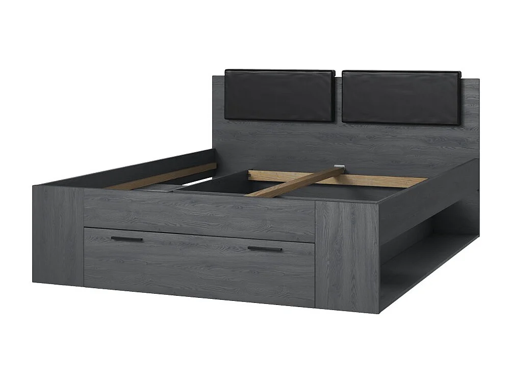 Volwassen bed 160x200 met lattenbodem en geïntegreerde lades - Collectie FLOYD. Kleur grijs met houteffect.