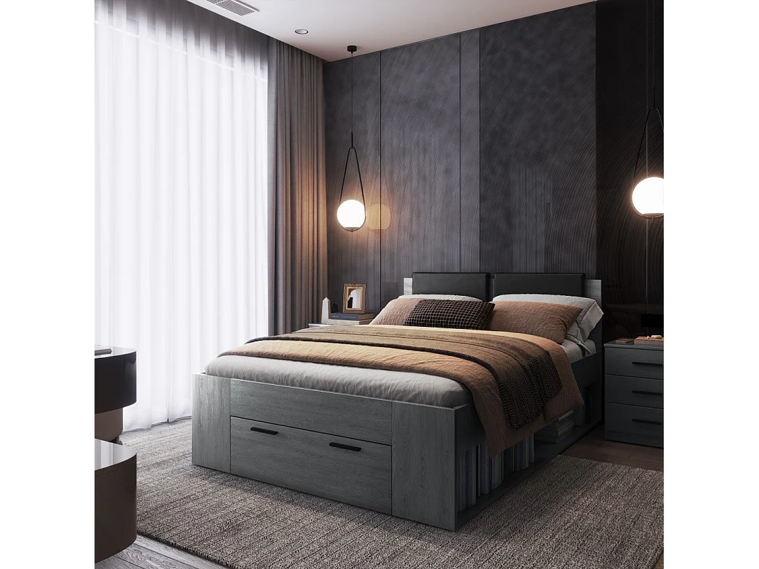 Lit adulte 140x200 avec tiroirs intégrés - Collection FLOYD. Coloris gris effet bois