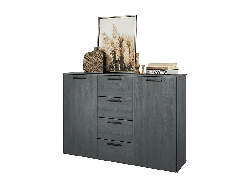 Design-Kommode mit 2 Türen und 4 Schubladen 130cm. Kollektion FLOYD in Holzeffekt Grau.