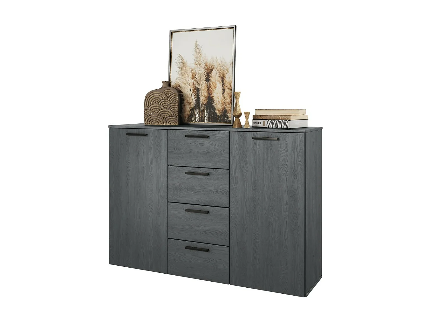 Design-Kommode mit 2 Türen und 4 Schubladen 130cm. Kollektion FLOYD in Holzeffekt Grau.