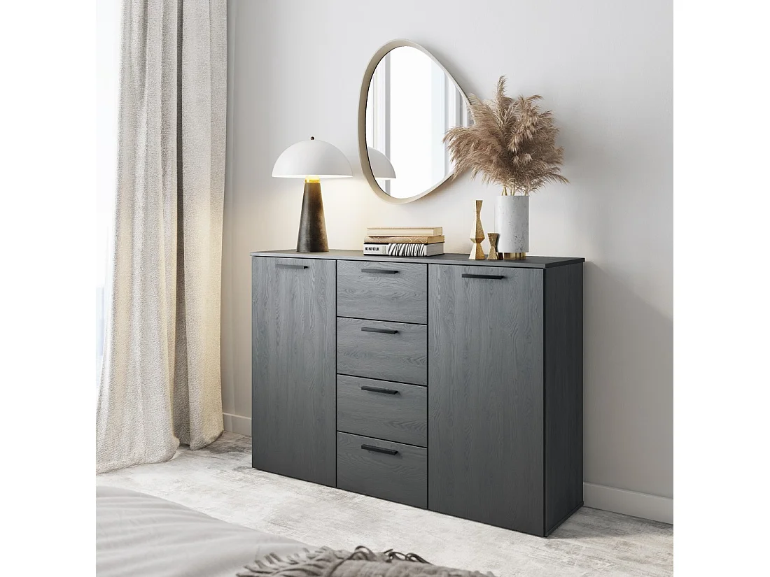 Design-Kommode mit 2 Türen und 4 Schubladen 130cm. Kollektion FLOYD in Holzeffekt Grau.