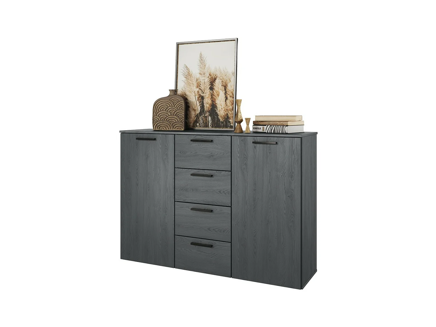 Commode design 2 portes et 4 tiroirs 130cm. Collection FLOYD coloris gris effet bois.