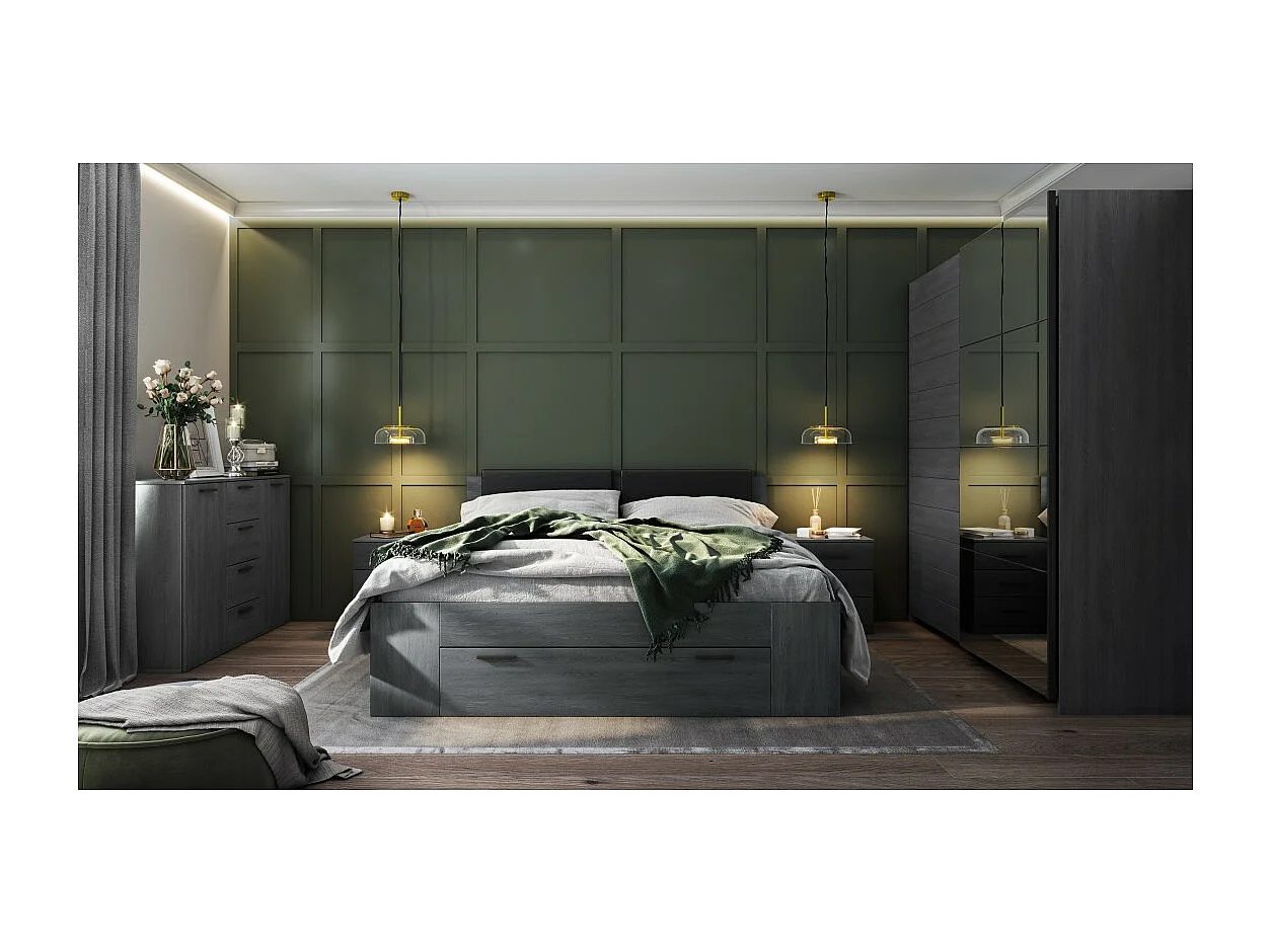 Design-Kommode mit 2 Türen und 4 Schubladen 130cm. Kollektion FLOYD in Holzeffekt Grau.