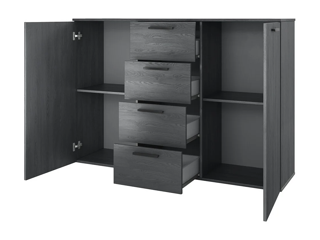 Design-Kommode mit 2 Türen und 4 Schubladen 130cm. Kollektion FLOYD in Holzeffekt Grau.