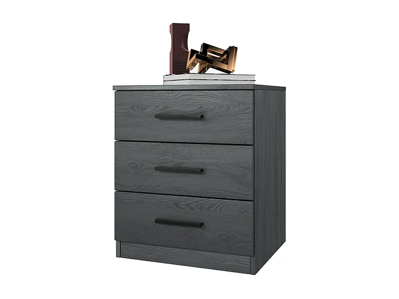 Mesa de cabeceira com três gavetas, coleção FLOYD. Cor cinza com efeito de madeira.